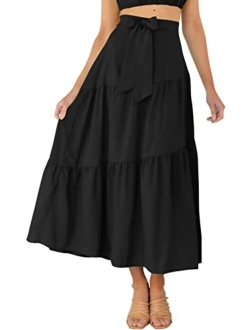 VTSGN Womens Tiered Midi Maxi Skirt Boho Tie Waist A-Line Flowy Long Skirt with Pockets