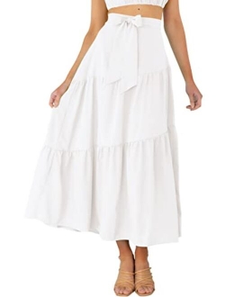 VTSGN Womens Tiered Midi Maxi Skirt Boho Tie Waist A-Line Flowy Long Skirt with Pockets