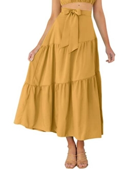 VTSGN Womens Tiered Midi Maxi Skirt Boho Tie Waist A-Line Flowy Long Skirt with Pockets