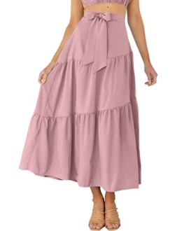 VTSGN Womens Tiered Midi Maxi Skirt Boho Tie Waist A-Line Flowy Long Skirt with Pockets