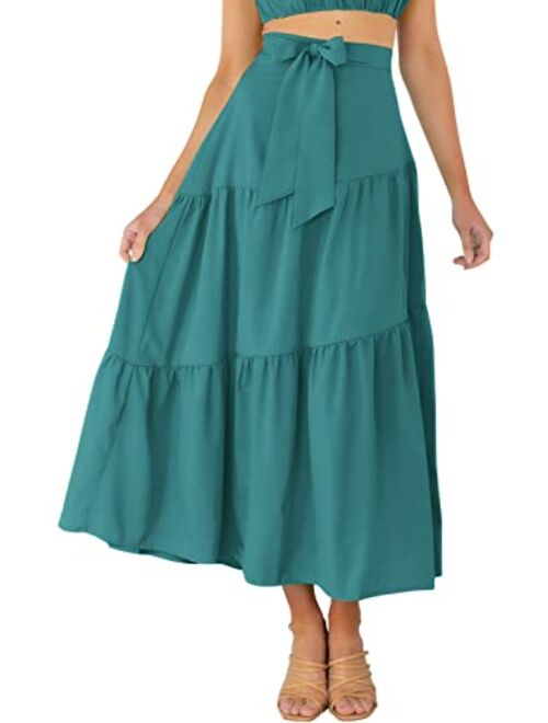 VTSGN Womens Tiered Midi Maxi Skirt Boho Tie Waist A-Line Flowy Long Skirt with Pockets