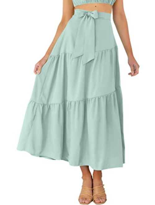 VTSGN Womens Tiered Midi Maxi Skirt Boho Tie Waist A-Line Flowy Long Skirt with Pockets