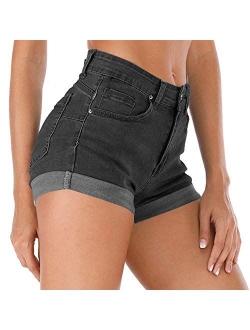 Cuihur Women's Summer High Waisted Denim Shorts Folded Hem Casual Short Jeans