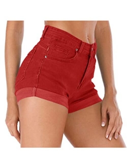 Cuihur Women's Summer High Waisted Denim Shorts Folded Hem Casual Short Jeans