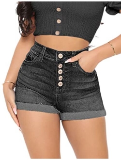 Cuihur Women's Summer High Waisted Denim Shorts Folded Hem Casual Short Jeans