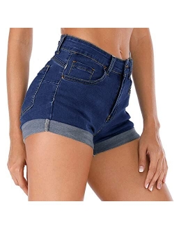 Cuihur Women's Summer High Waisted Denim Shorts Folded Hem Casual Short Jeans