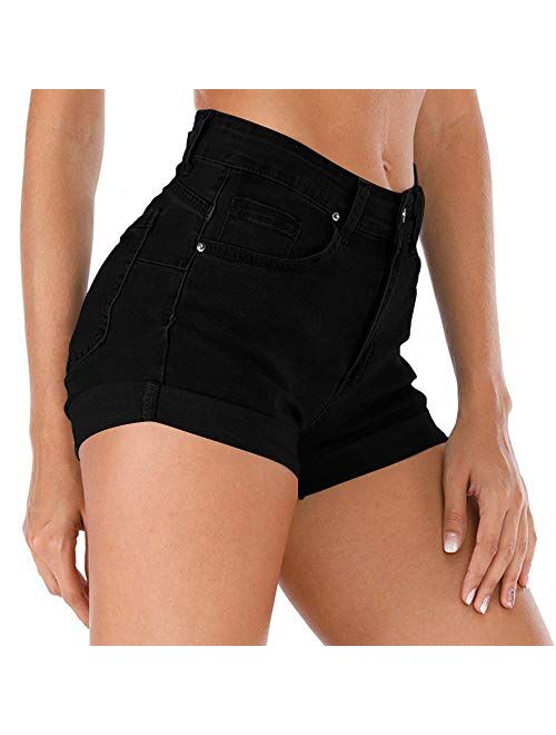 Cuihur Women's Summer High Waisted Denim Shorts Folded Hem Casual Short Jeans