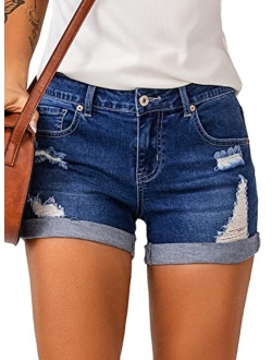 luvamia Women's Casual Mid Rise Denim Shorts Stretch Ripped Raw Hem Jean Shorts