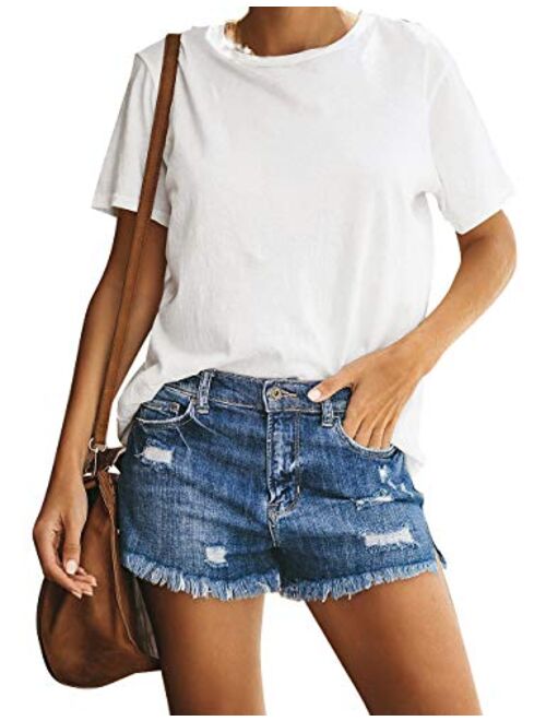 luvamia Women's Casual Mid Rise Denim Shorts Stretch Ripped Raw Hem Jean Shorts