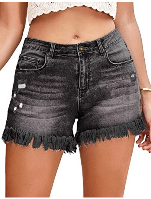 luvamia Women's Casual Mid Rise Denim Shorts Stretch Ripped Raw Hem Jean Shorts