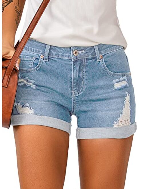 luvamia Women's Casual Mid Rise Denim Shorts Stretch Ripped Raw Hem Jean Shorts