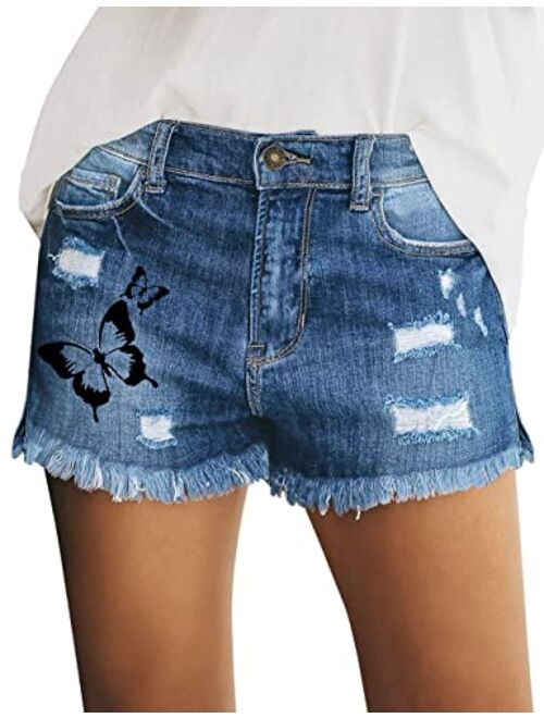 luvamia Women's Casual Mid Rise Denim Shorts Stretch Ripped Raw Hem Jean Shorts