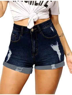 Haola High Waisted Folded Hem Ripped Jeans Shorts Womens Stretchy Denim Shorts