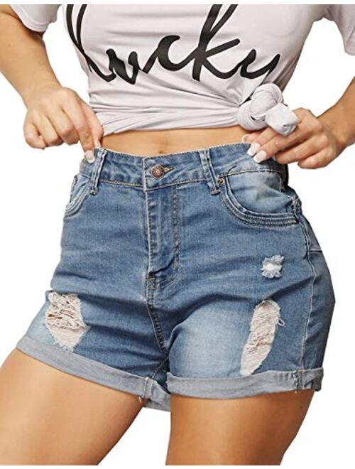 Haola High Waisted Folded Hem Ripped Jeans Shorts Womens Stretchy Denim Shorts