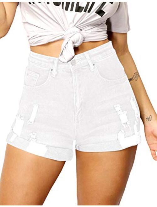 Haola High Waisted Folded Hem Ripped Jeans Shorts Womens Stretchy Denim Shorts