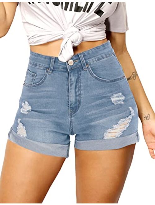 Haola High Waisted Folded Hem Ripped Jeans Shorts Womens Stretchy Denim Shorts