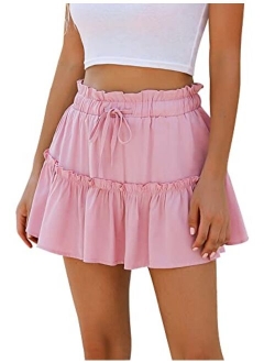 Women's Summer High Waist Ruffle Short Skirt A-Line Beach Mini Skirts with Drawstring