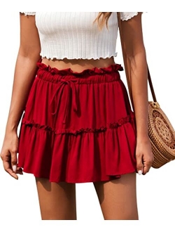 Women's Summer High Waist Ruffle Short Skirt A-Line Beach Mini Skirts with Drawstring