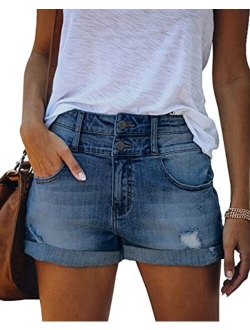 MIFOCAL Women's Ripped Denim Summer Jean Shorts Mid Rise Folded Hem Jeans Shorts