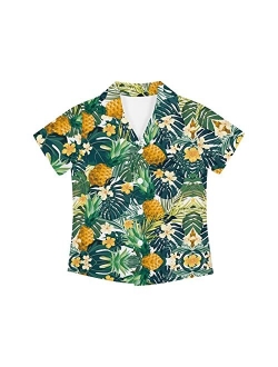 Poceacles Boys Button Down Shirts, Hawaii Printed Beach Short Sleeve Dress Tee Tops for Kids Size 3-16 Years Old