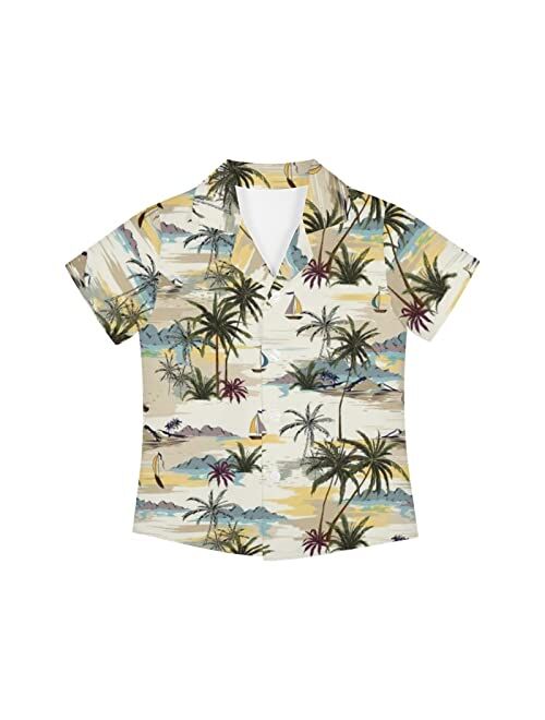 Poceacles Boys Button Down Shirts, Hawaii Printed Beach Short Sleeve Dress Tee Tops for Kids Size 3-16 Years Old