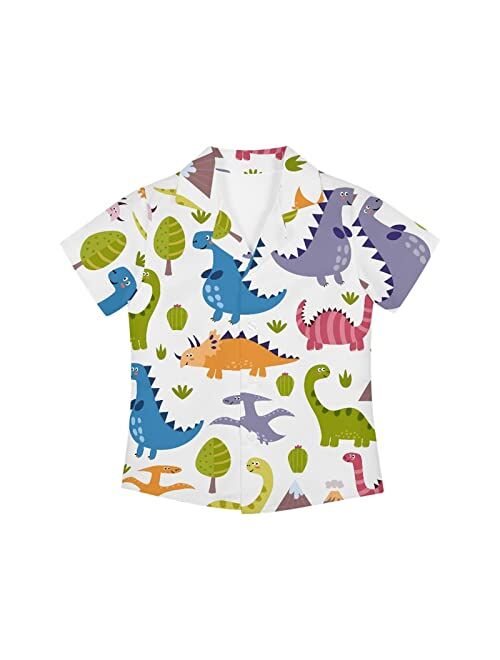 Poceacles Boys Button Down Shirts, Hawaii Printed Beach Short Sleeve Dress Tee Tops for Kids Size 3-16 Years Old