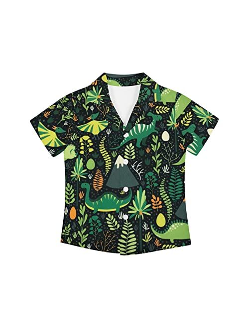 Poceacles Boys Button Down Shirts, Hawaii Printed Beach Short Sleeve Dress Tee Tops for Kids Size 3-16 Years Old