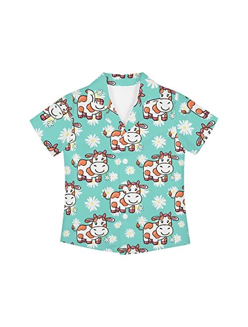 Poceacles Boys Button Down Shirts, Hawaii Printed Beach Short Sleeve Dress Tee Tops for Kids Size 3-16 Years Old