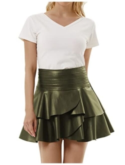 Iiofy Women's Layered Flared Mini Skirt, PU Faux Leather High Waist Solid Ruffle Hem Short Skirt