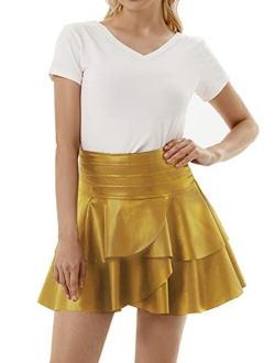 Iiofy Women's Layered Flared Mini Skirt, PU Faux Leather High Waist Solid Ruffle Hem Short Skirt