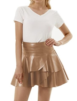 Iiofy Women's Layered Flared Mini Skirt, PU Faux Leather High Waist Solid Ruffle Hem Short Skirt