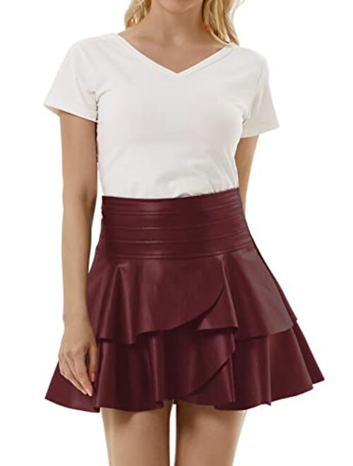 Iiofy Women's Layered Flared Mini Skirt, PU Faux Leather High Waist Solid Ruffle Hem Short Skirt