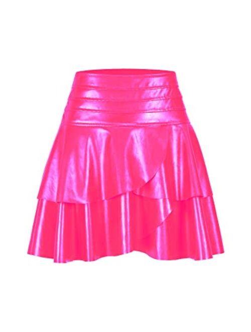 Iiofy Women's Layered Flared Mini Skirt, PU Faux Leather High Waist Solid Ruffle Hem Short Skirt