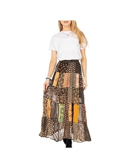 Young Threads Women’s Patchwork Boho Floral Maxi Gypsy Tiered Multicolor Elastic Waist A Line Maxi Skirt S-XL