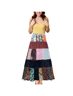 Young Threads Women’s Patchwork Boho Floral Maxi Gypsy Tiered Multicolor Elastic Waist A Line Maxi Skirt S-XL