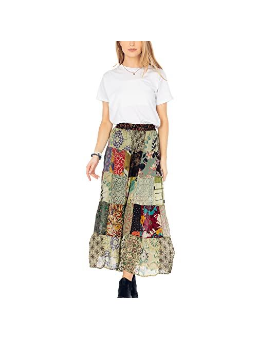 Young Threads Women’s Patchwork Boho Floral Maxi Gypsy Tiered Multicolor Elastic Waist A Line Maxi Skirt S-XL