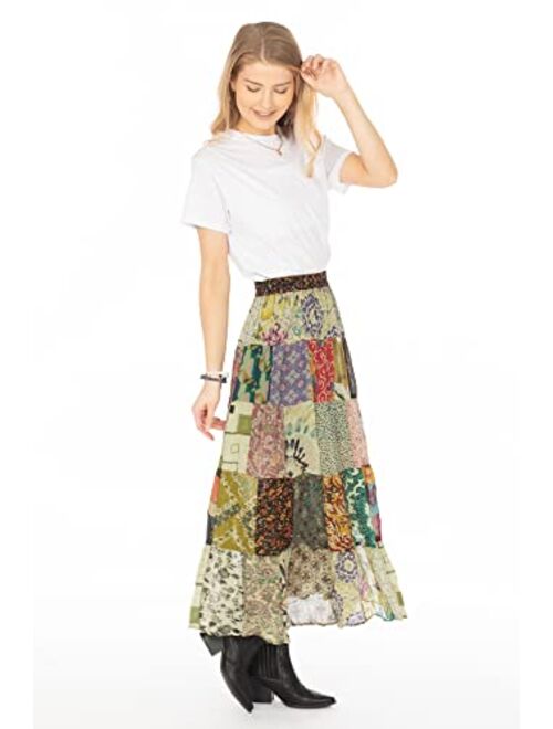 Young Threads Women’s Patchwork Boho Floral Maxi Gypsy Tiered Multicolor Elastic Waist A Line Maxi Skirt S-XL