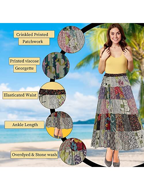 Young Threads Women’s Patchwork Boho Floral Maxi Gypsy Tiered Multicolor Elastic Waist A Line Maxi Skirt S-XL