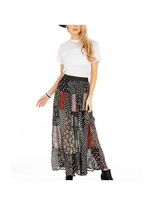 Young Threads Women’s Patchwork Boho Floral Maxi Gypsy Tiered Multicolor Elastic Waist A Line Maxi Skirt S-XL