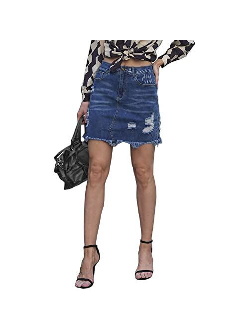 Aodrusa Distressed Jean Skirt for Women Stretch Denim Ripped Mini Short Casual A Line Above Knee Length