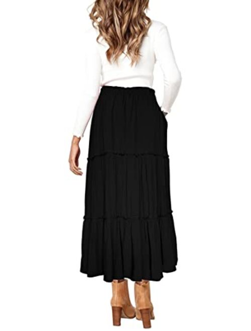 Afibi Womens High Waist A Line Ruffle Swing Long Maxi Skirt with Pockets