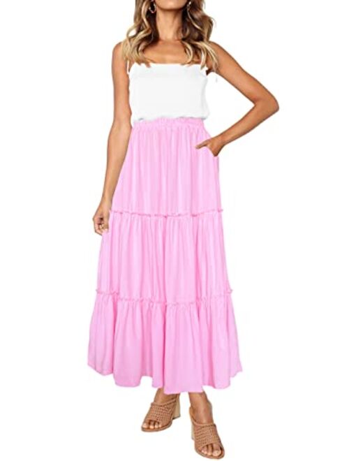 Afibi Womens High Waist A Line Ruffle Swing Long Maxi Skirt with Pockets