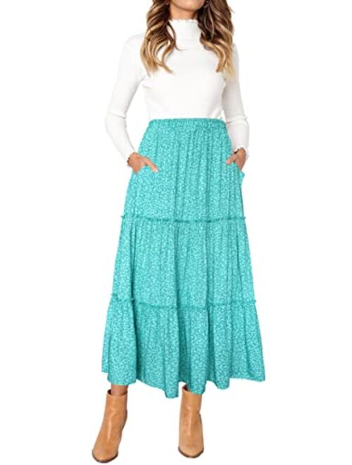 Afibi Womens High Waist A Line Ruffle Swing Long Maxi Skirt with Pockets