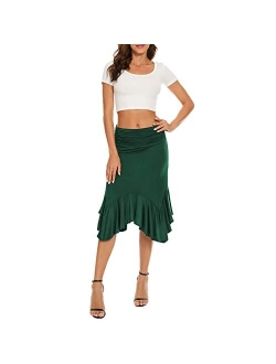 Zando Flowy Flare Soft Midi Handkerchief Hemline Wrap Skirts for Women Womens Casusl Ruched High Waisted Stretchy Maxi Skir