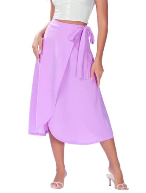 DREFBUFY Womens A-Line Wrap Midi Skirt Elastic High Waist Tie Long Skirts with Slit