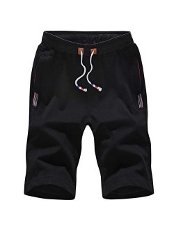 FoxQ Mens Shorts Casual Athletic Running with Zipper Pockets and Elastic Waist Drawstring Workout Gym Cotton Shorts