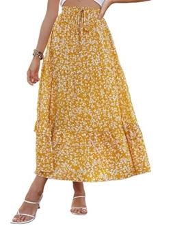 Women's Ditsy Floral Tie Front Maxi Skirt Ruffle Hem High Waist Boho Long Skirts