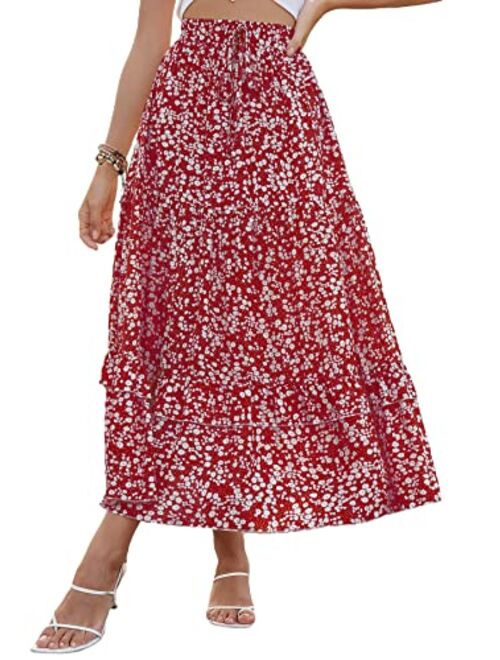 SheIn Women's Ditsy Floral Tie Front Maxi Skirt Ruffle Hem High Waist Boho Long Skirts
