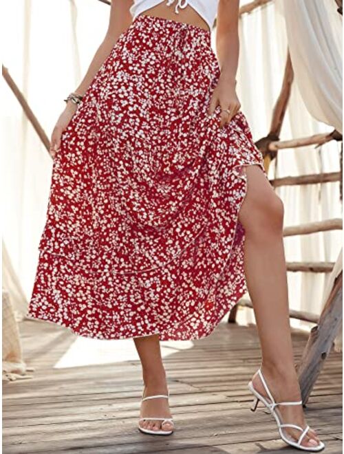 SheIn Women's Ditsy Floral Tie Front Maxi Skirt Ruffle Hem High Waist Boho Long Skirts