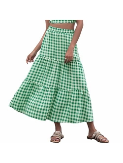 ThCreasa Womens Boho Elastic High Waisted A Line Maxi Skirts Ruffles Tiered Beach Swing Long Skirt with Pockets